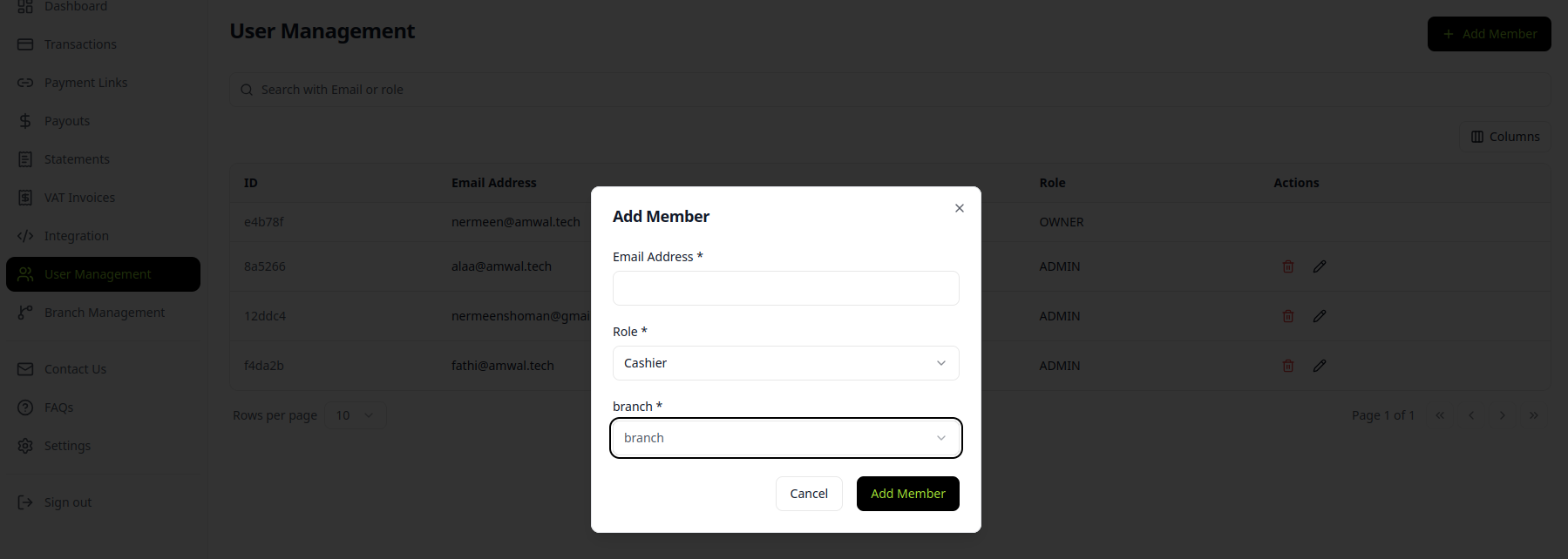 Add Branch User Form Modal