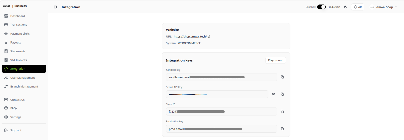 Amwal Integration Keys Dashboard