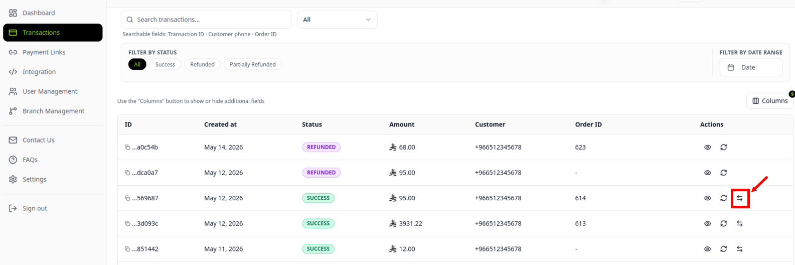 Initiate Refund from Transactions Row